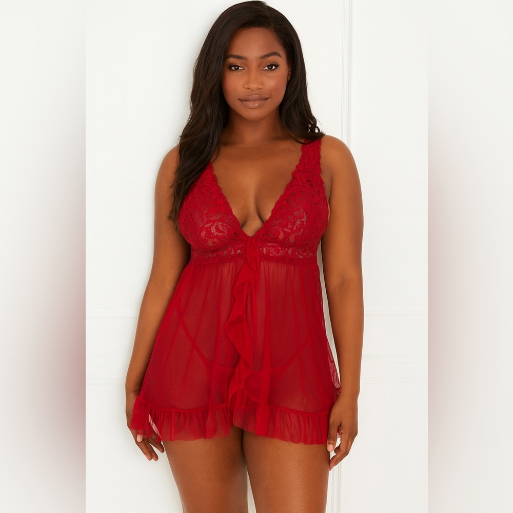 Red Sheer Lace Babydoll Lingerie Nightie Tie Front Ruffle Trim Medium - Picture 4 of 6
